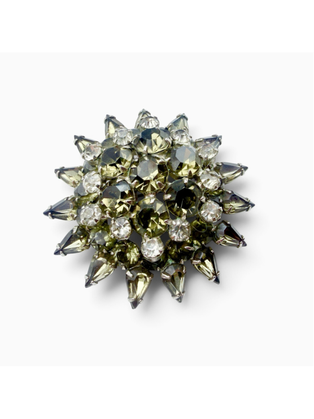 Vintage Austrian Style Starburst Brooch, Olivine & Clear Rhinestone Pin, Atomic